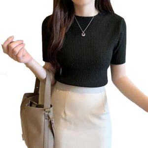 Istyle Can Women’s Slim Fit Solid Rib Knit Stretchable Top | Round Neck Short Sleeve Tee | Plain Fitted T-Shirt for Casual, Office with High Stretch | Regular Top for Girls & Women