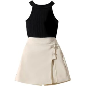 RIYANSHI Girls Halter Neck Ribbed Top with A-line Skirt Set, Cotton Blend, Casual Wear, 2 Piece Outfit, Button Detail, Ages 1-10 Years, Multiple Colors