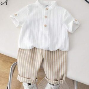 Trendy Baby Boy Outfit Set Mandarin Collar Shirt & Striped Pants Comfortable Summer Dress for Toddlers & Kids